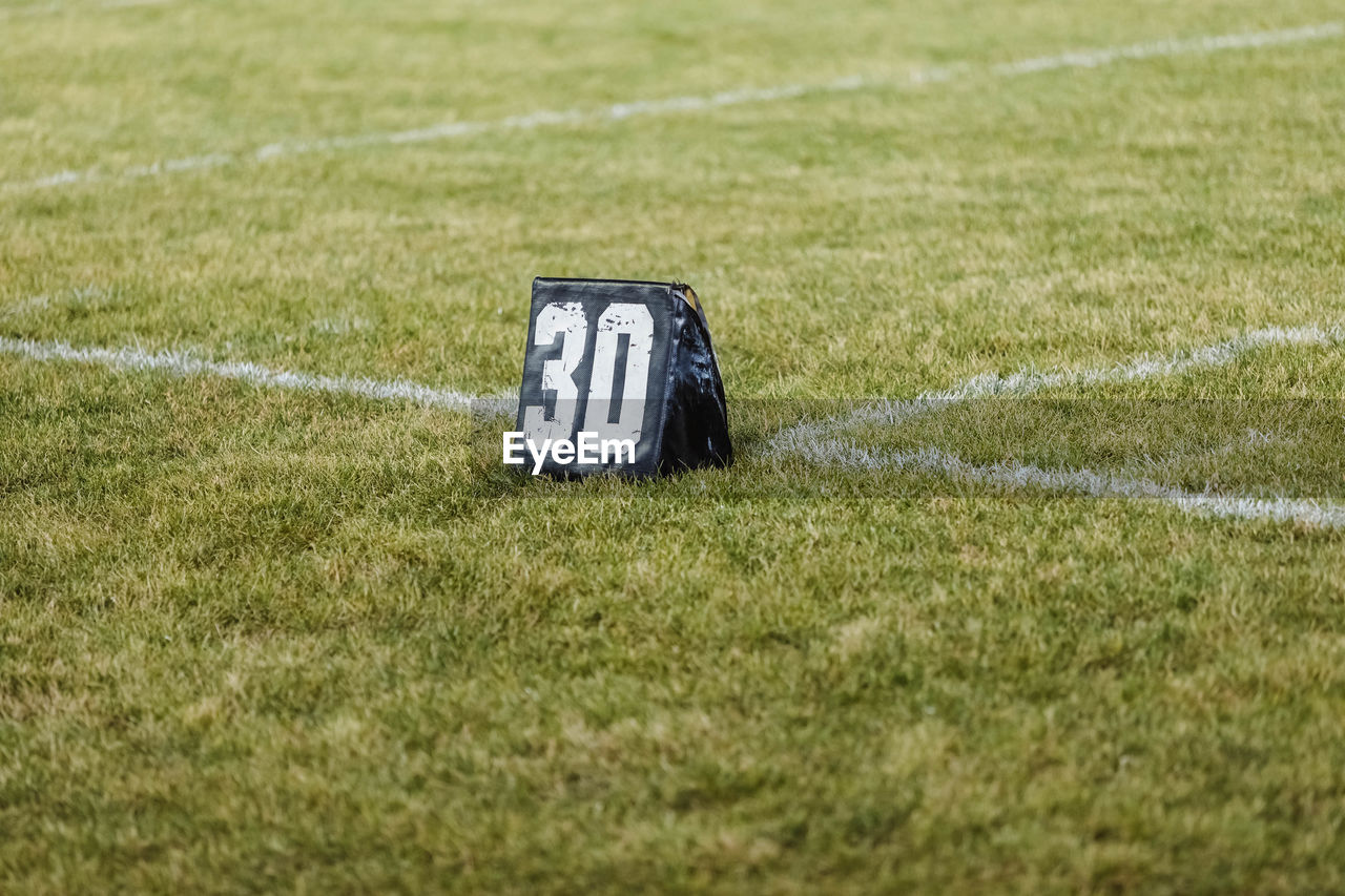 A thirty yard line marker ready for practice at marching band rehearsal