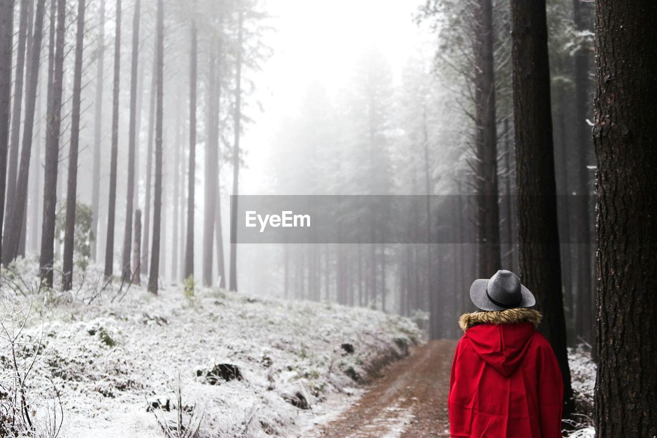 Rear view of woman amidst trees on field during winter