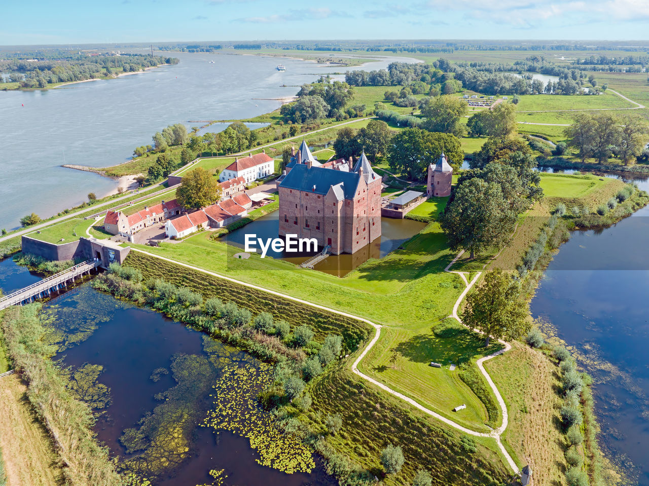Aerial from castle loevestein at the river merwede in the netherlands