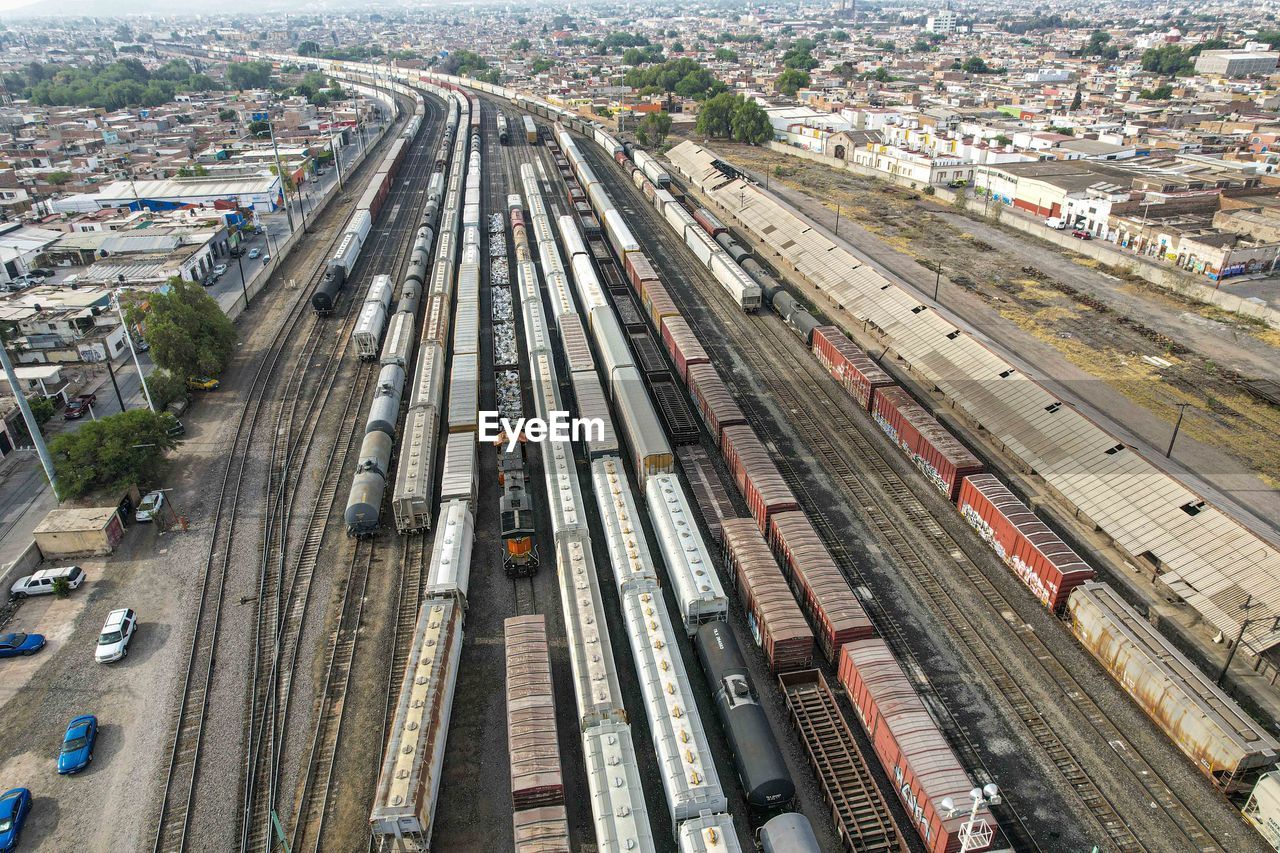 high angle view of railroad tracks in city