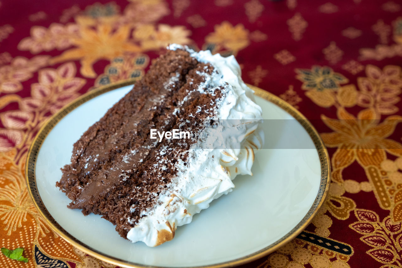 High angle view of cake in plate on table