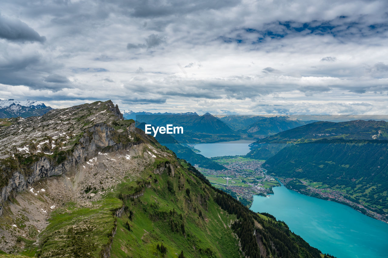 Scenic view of sea and mountains against sky