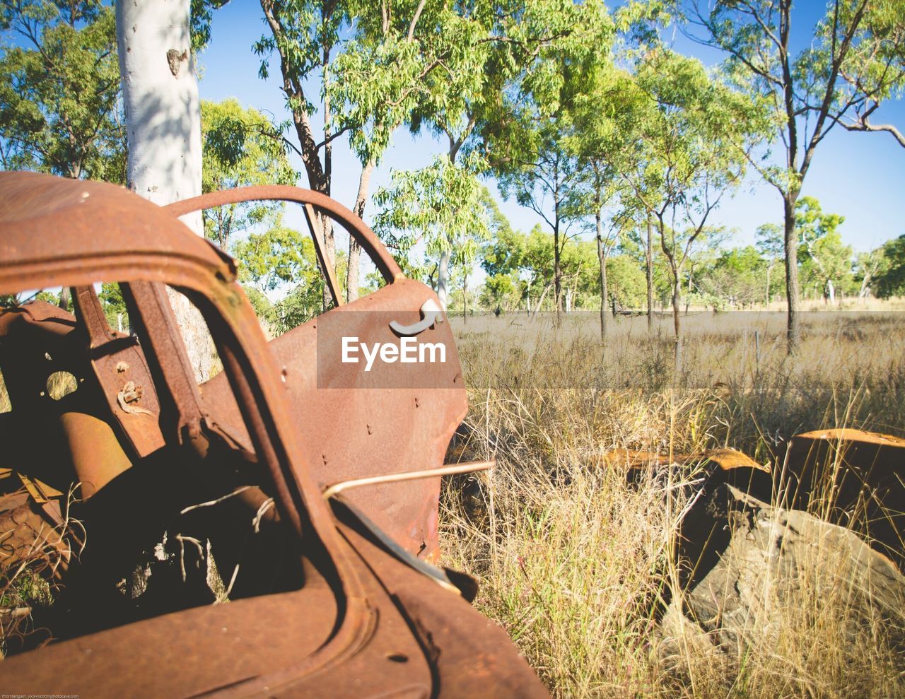 Abandoned rusty car in grass area