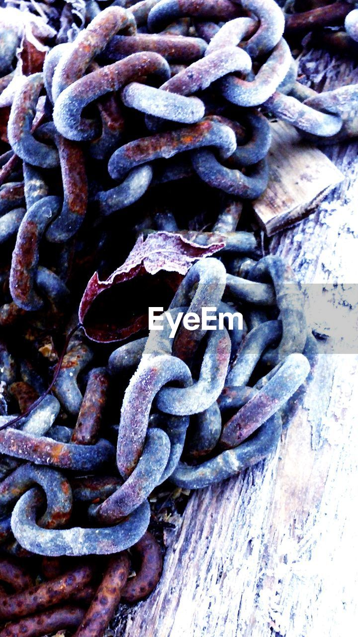 High angle view of dry autumn leaf on rusty chain with frost