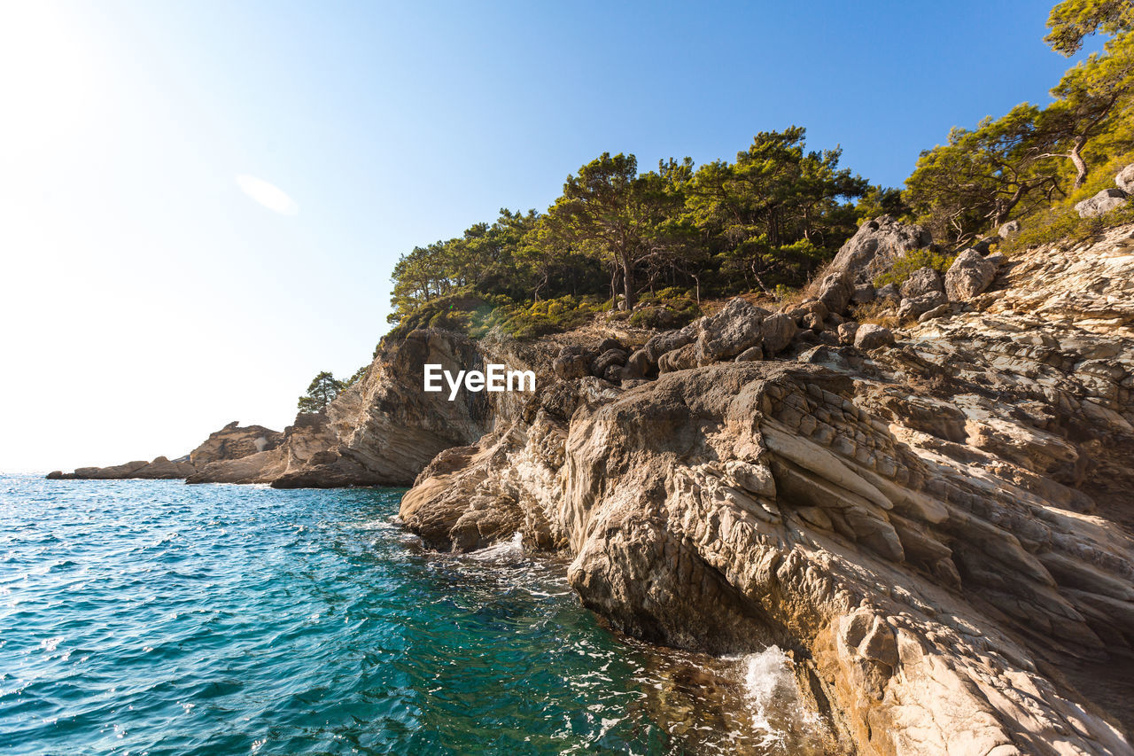 Beautiful landscape with azure sea and big rocky mountains in summer