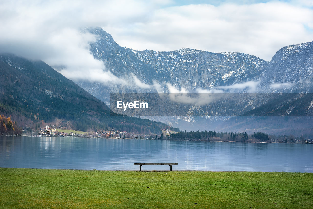 Scenic view of lake by mountains against sky