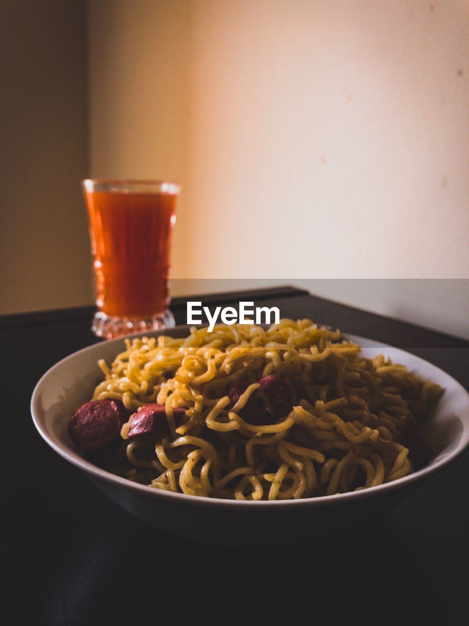 Close-up of food and drink served on table