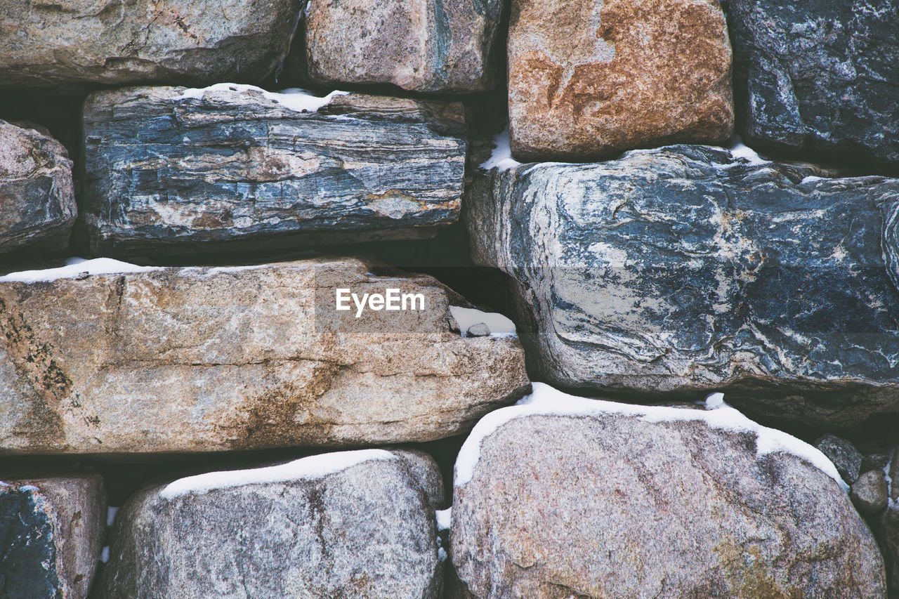 Full frame shot of stone wall during winter