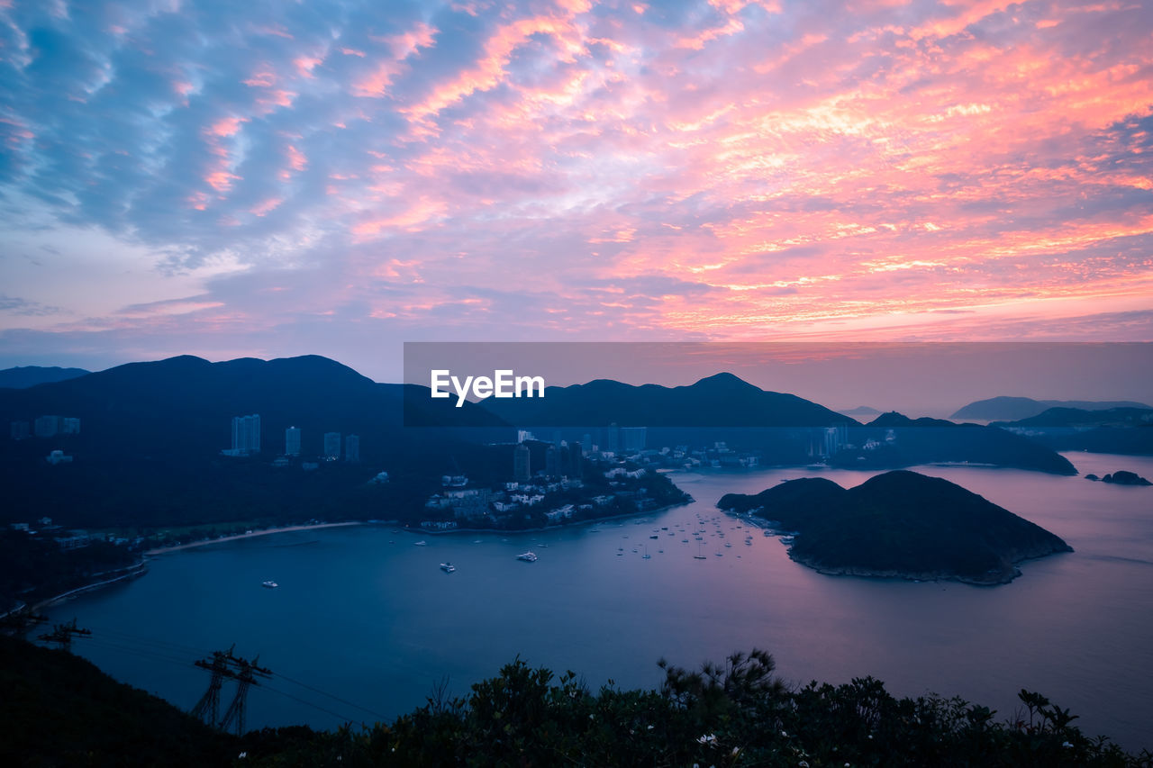 Overlooking view of middle islands in seaside seen form nam long shan in sunrise time