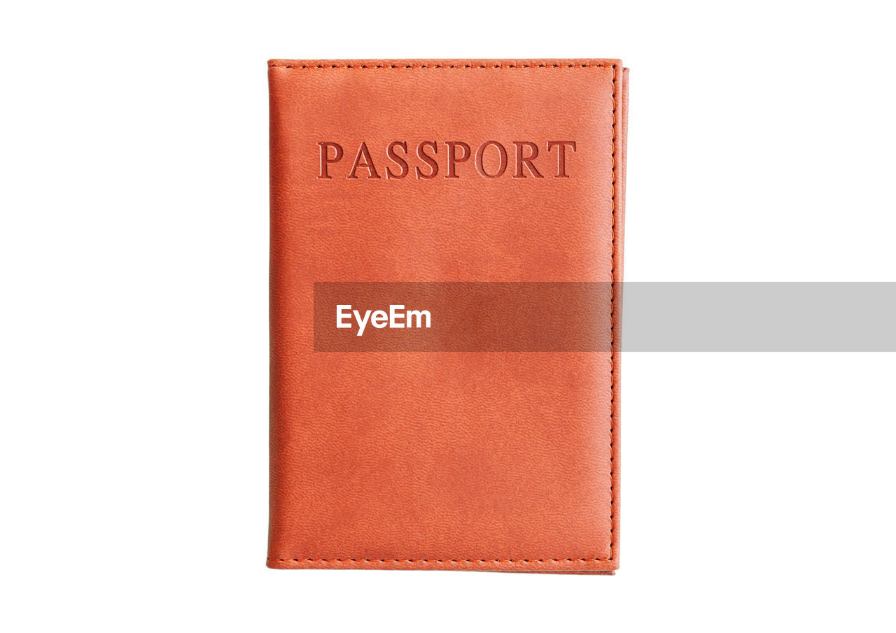 cut out, white background, leather, copy space, brown, wallet, text, orange, studio shot, single object, no people, indoors, document, communication, book, publication, red