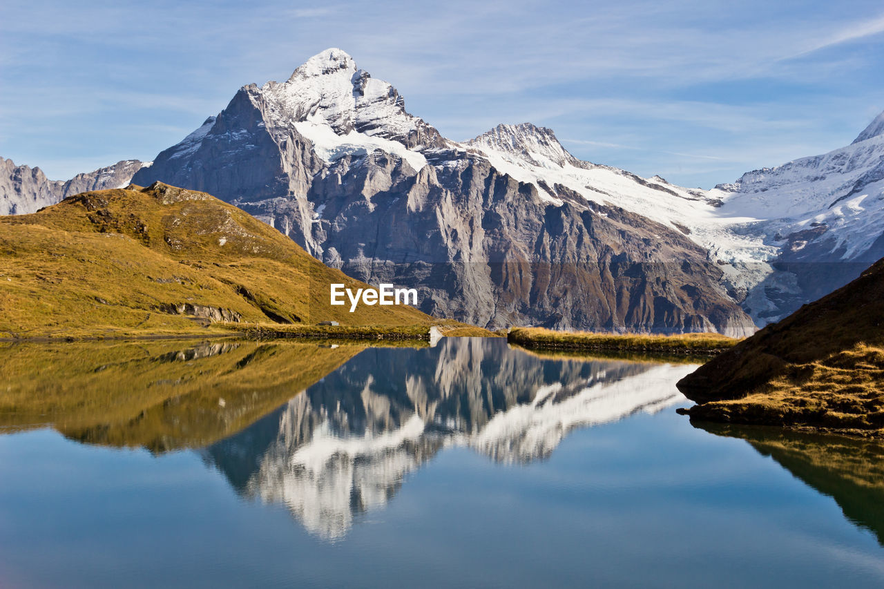 Panoramic view of lake and snowcapped mountains against sky