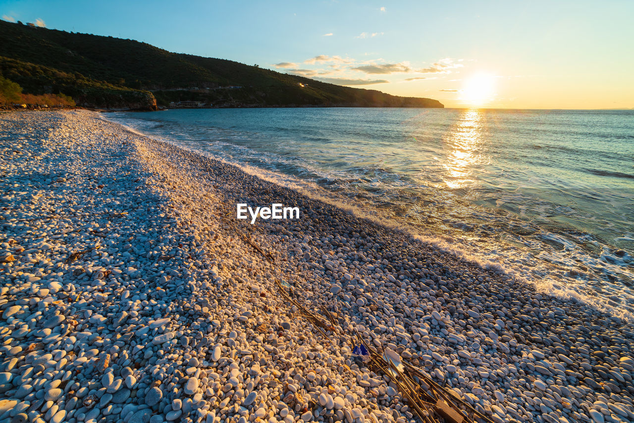 scenic view of sea at sunset