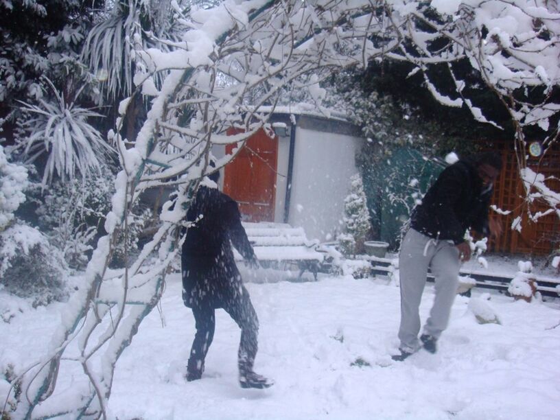 WOMAN STANDING ON SNOW COVERED TREE