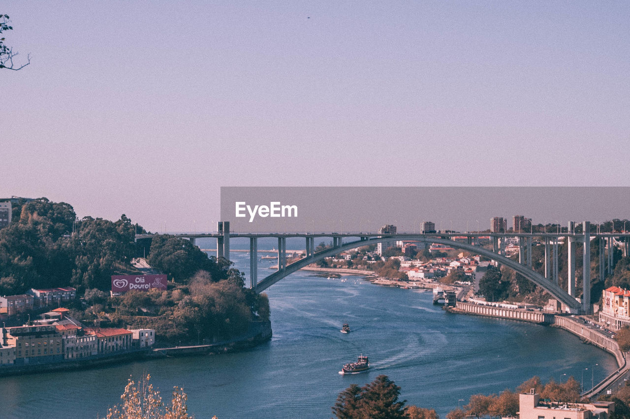 Bridge over river with city in background