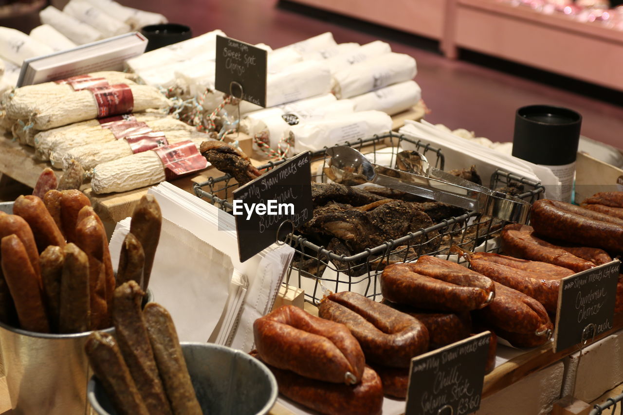 Close-up of sausages for sale