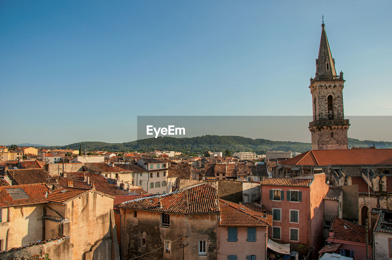 City view of the lively and gracious town of draguignan at sunset, in the french provence.