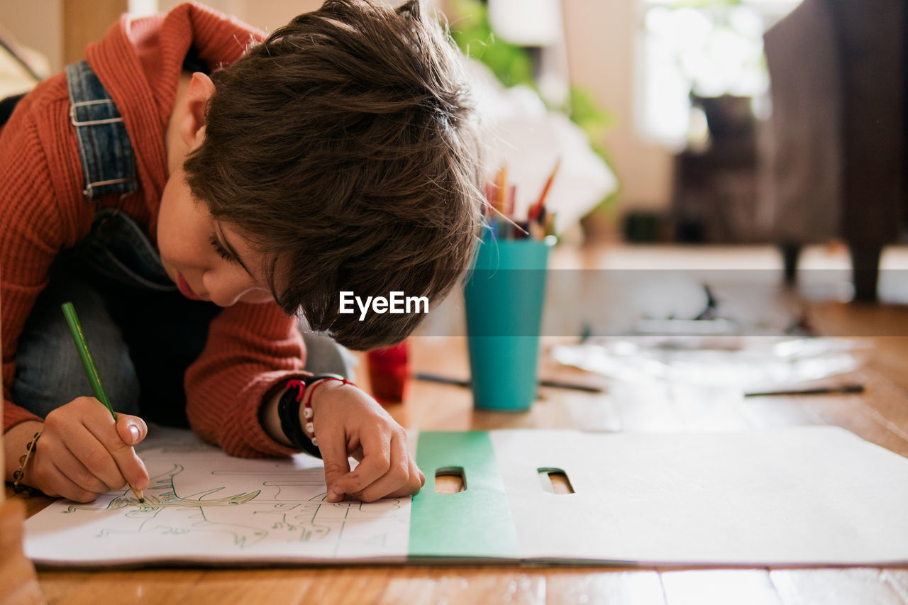 Young boy colouring a book at home