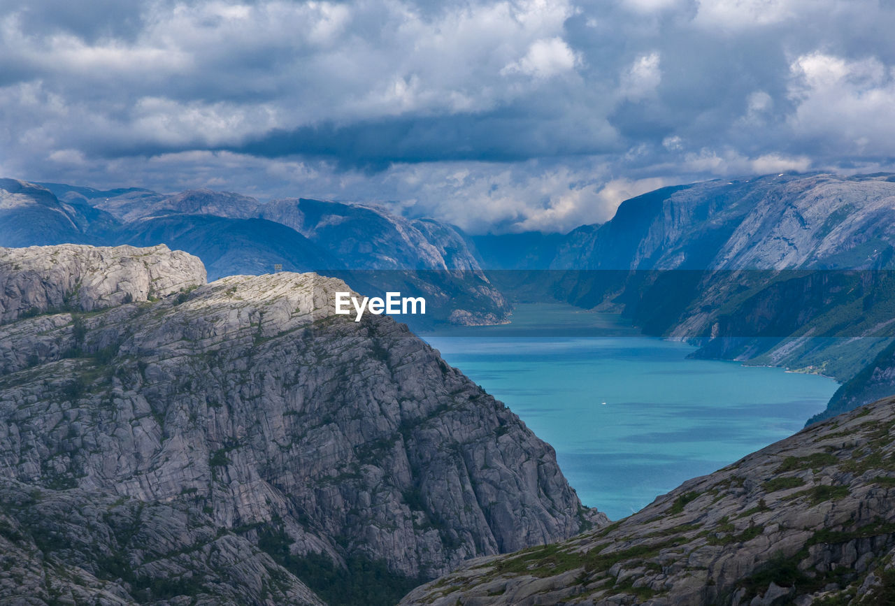 Scenic view of sea and mountains against sky