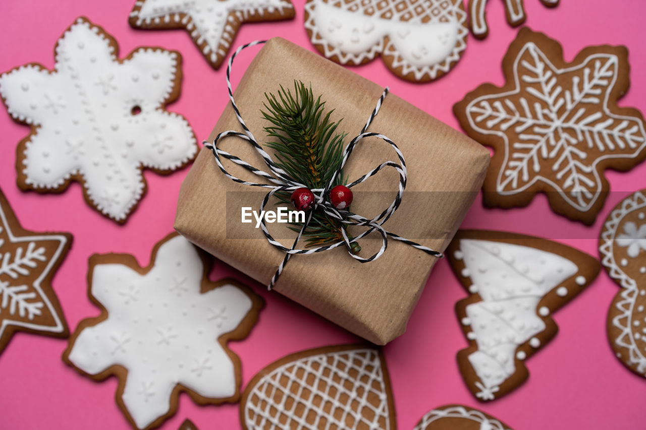 High angle view of christmas decorations on table