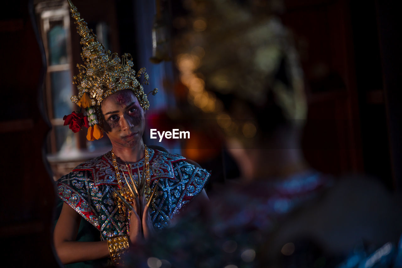 Thai ghost in traditional costume that appear in history, portrait of asian woman make up ghost face