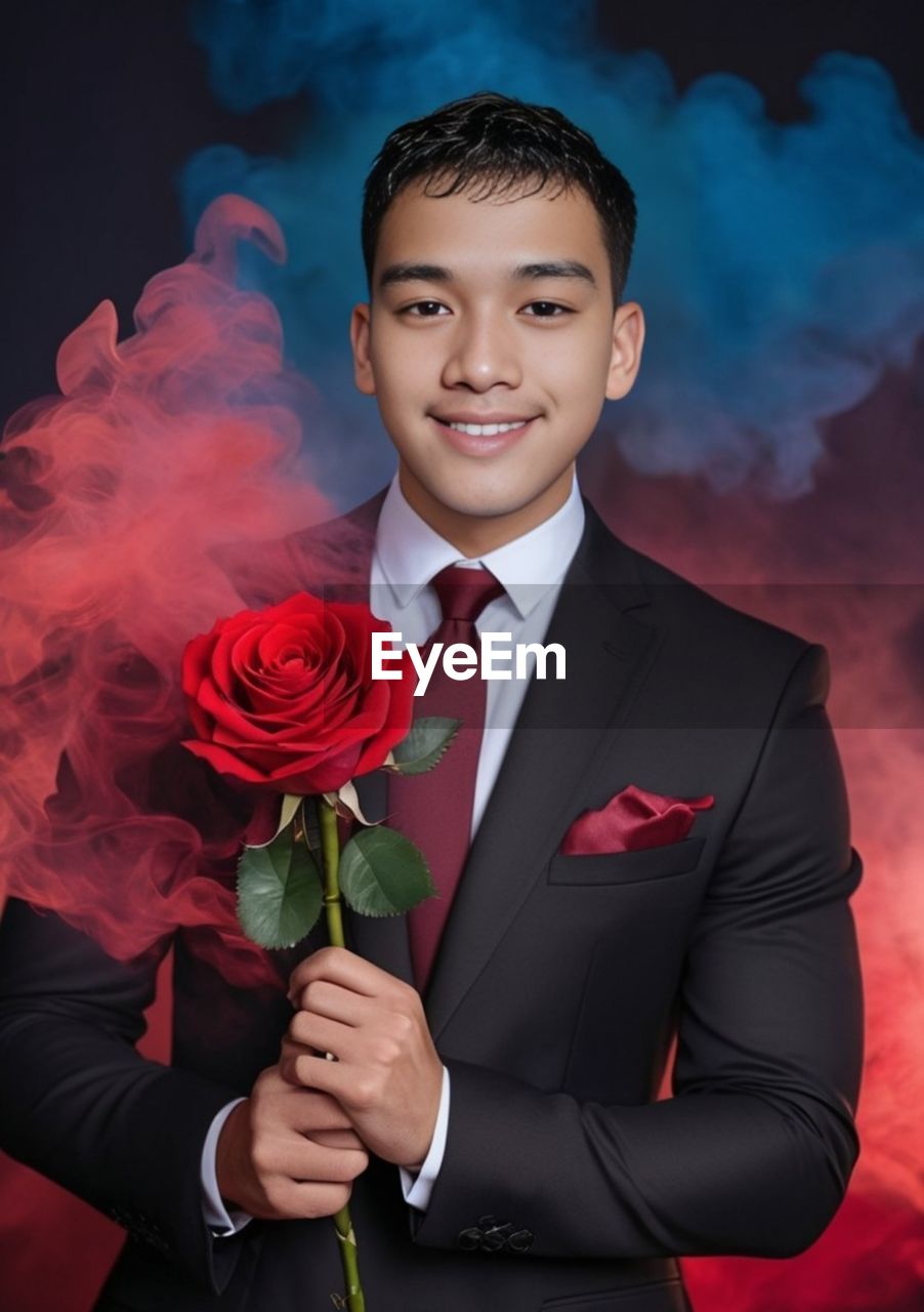 men, flower, smiling, rose, emotion, portrait, happiness, red, holding, looking at camera, flowering plant, one person, formal wear, adult, plant, waist up, positive emotion, bouquet, nature, celebration, studio shot, cheerful, flower arrangement, beauty in nature, event, person, indoors, standing, child, business, young adult, love, front view