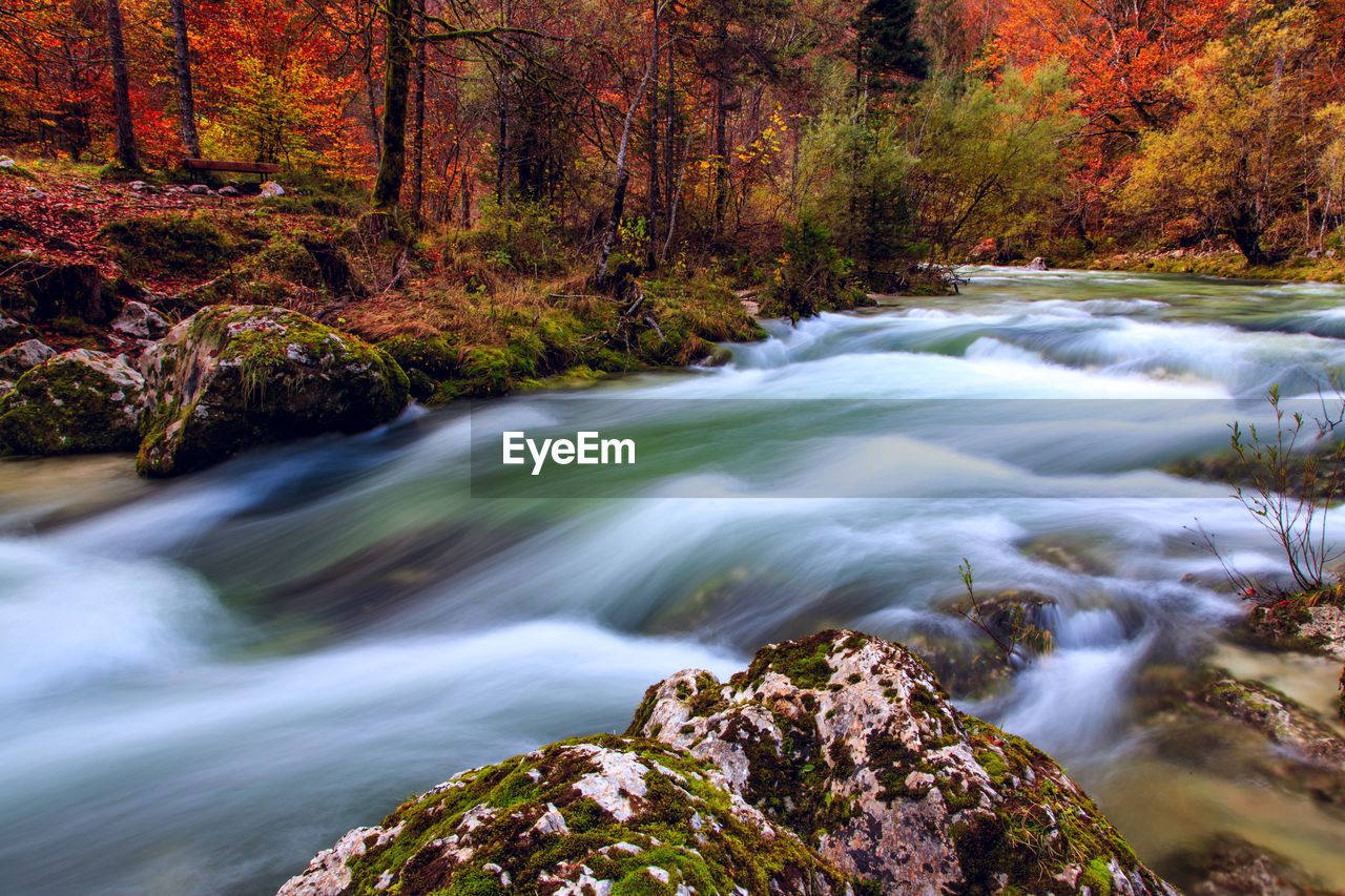 SCENIC VIEW OF STREAM FLOWING THROUGH ROCKS DURING AUTUMN