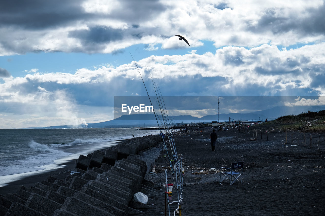 SEAGULLS FLYING OVER BEACH AGAINST SKY