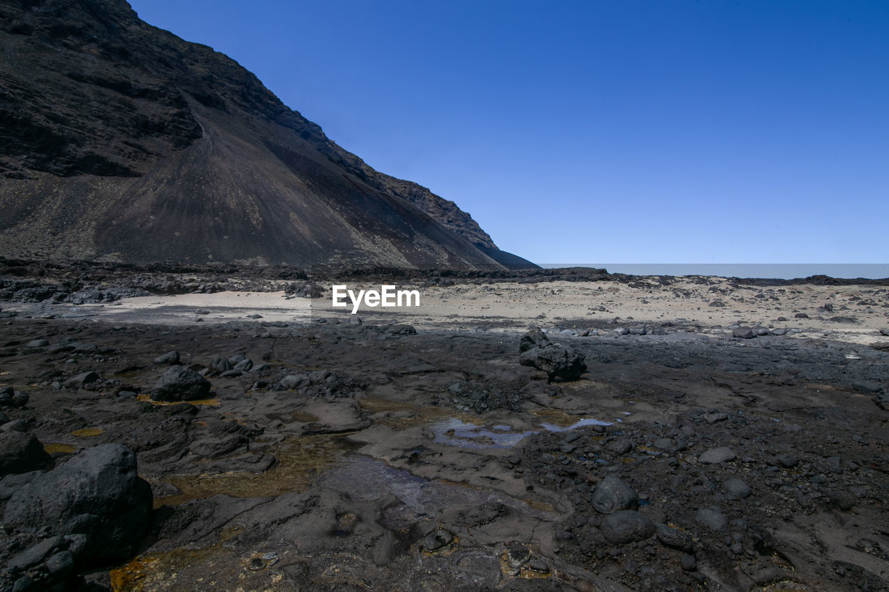 Scenic view of rocky mountains against clear blue sky