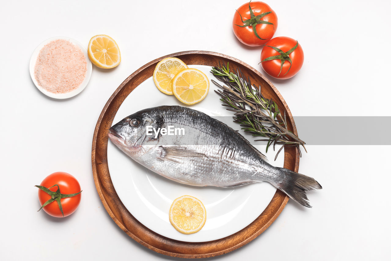 HIGH ANGLE VIEW OF FISH AND VEGETABLES ON WHITE BACKGROUND