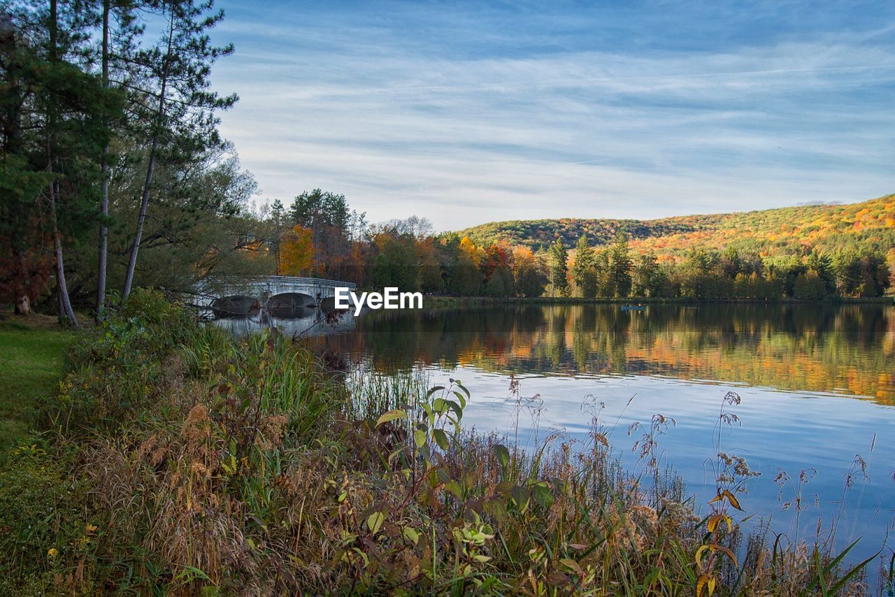 Scenic view of river by mountain against sky