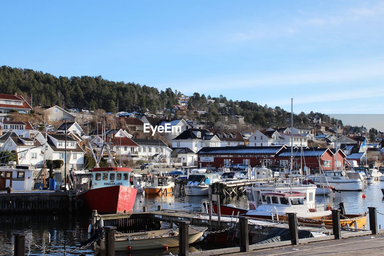 Scenic view of harbor against clear sky