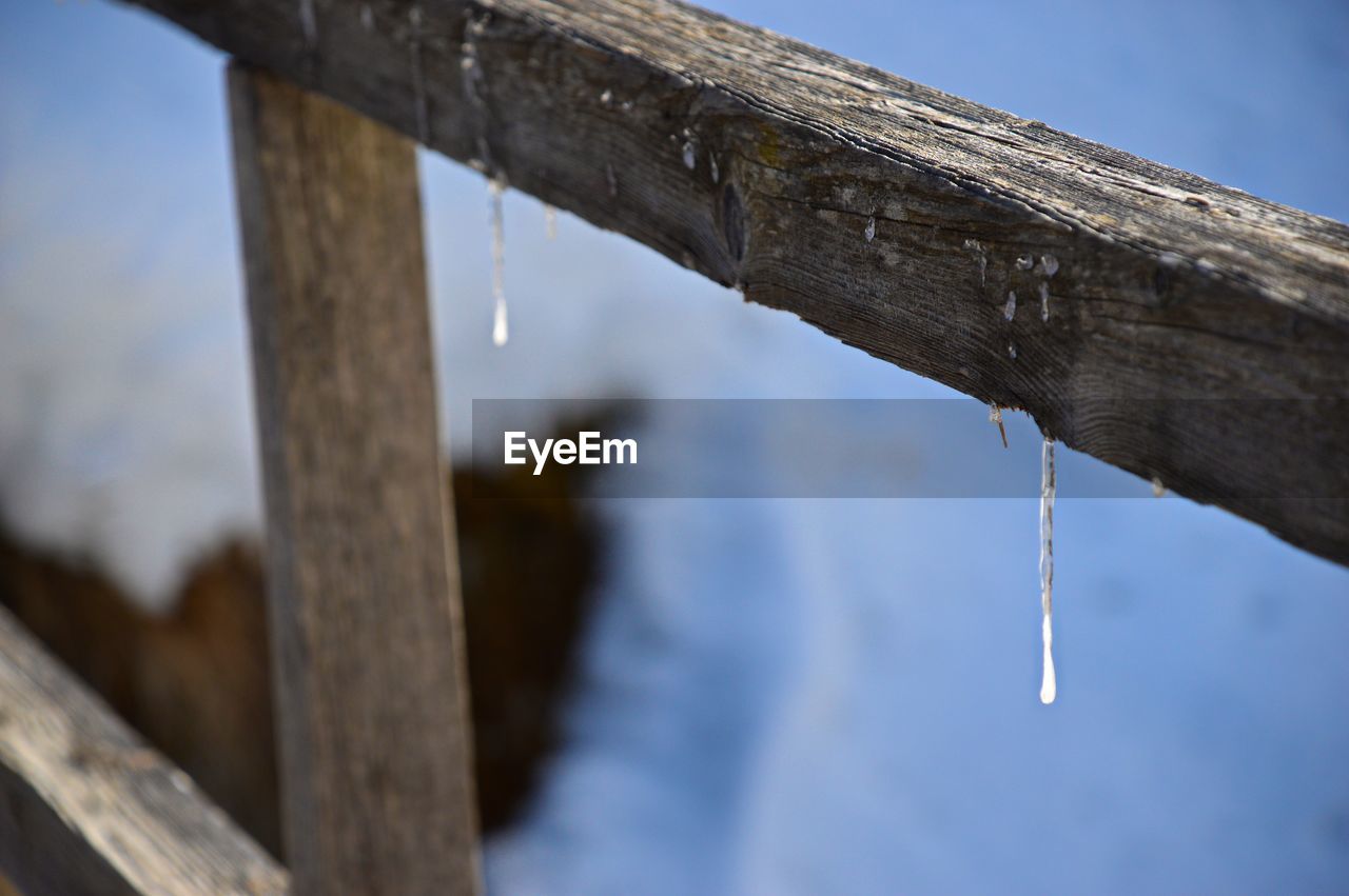 Close-up of icicle on wooden fence