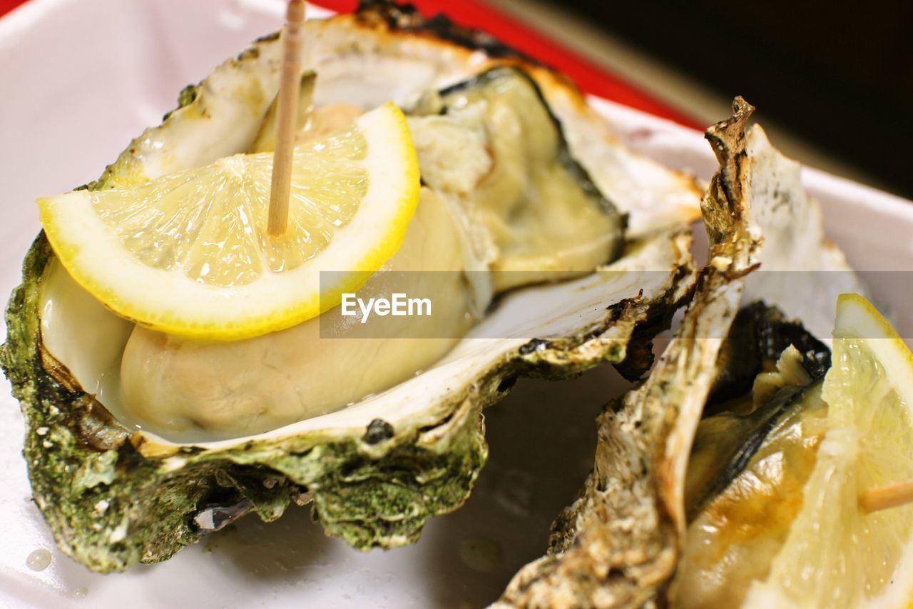 Close-up of oyster with lemon slice on table