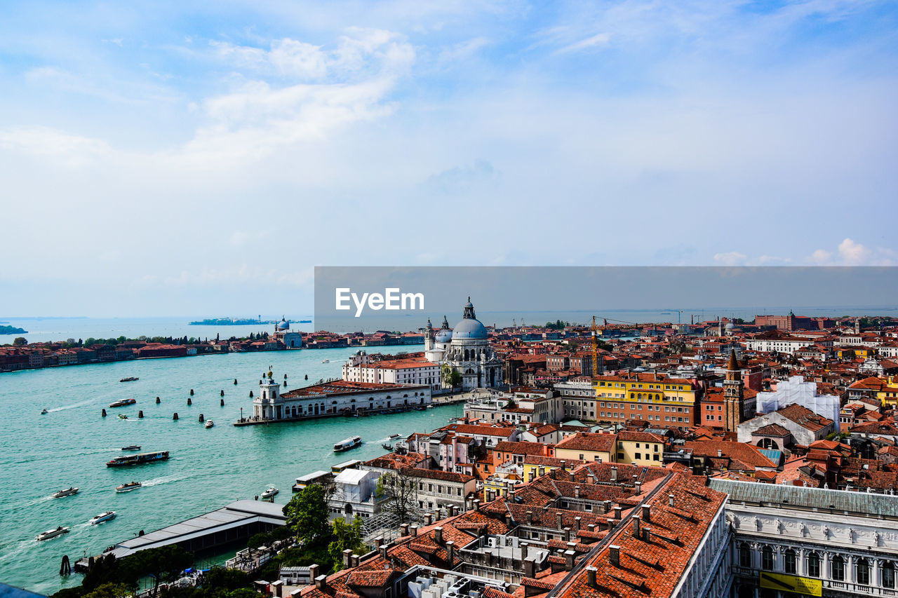 High angle view of city at waterfront