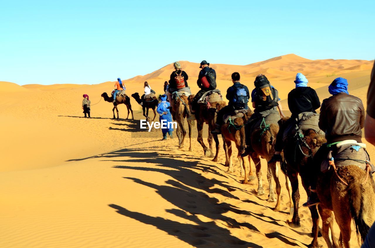 People riding camel on desert against clear sky