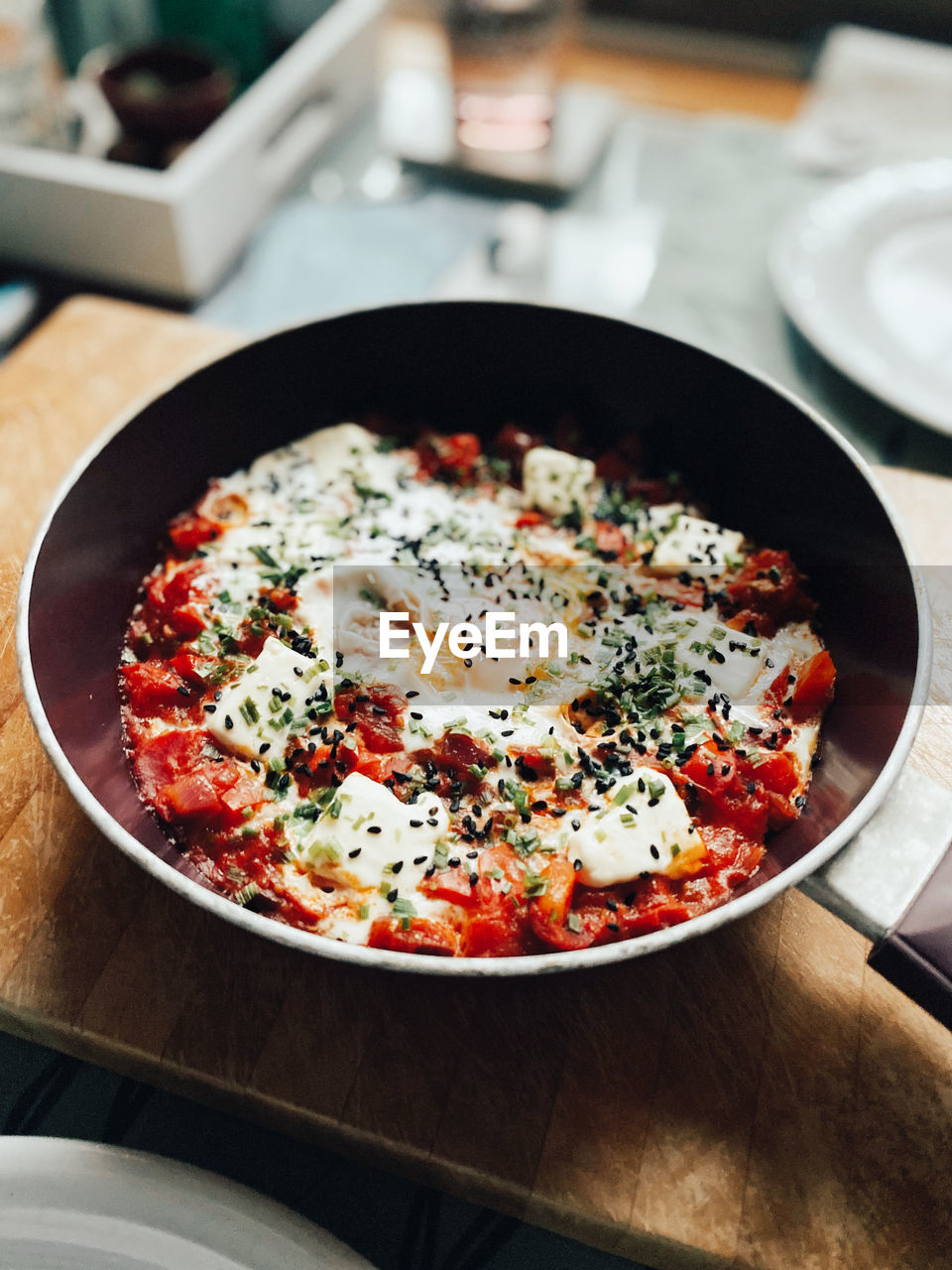 High angle view of shakshuka served in a plate on table