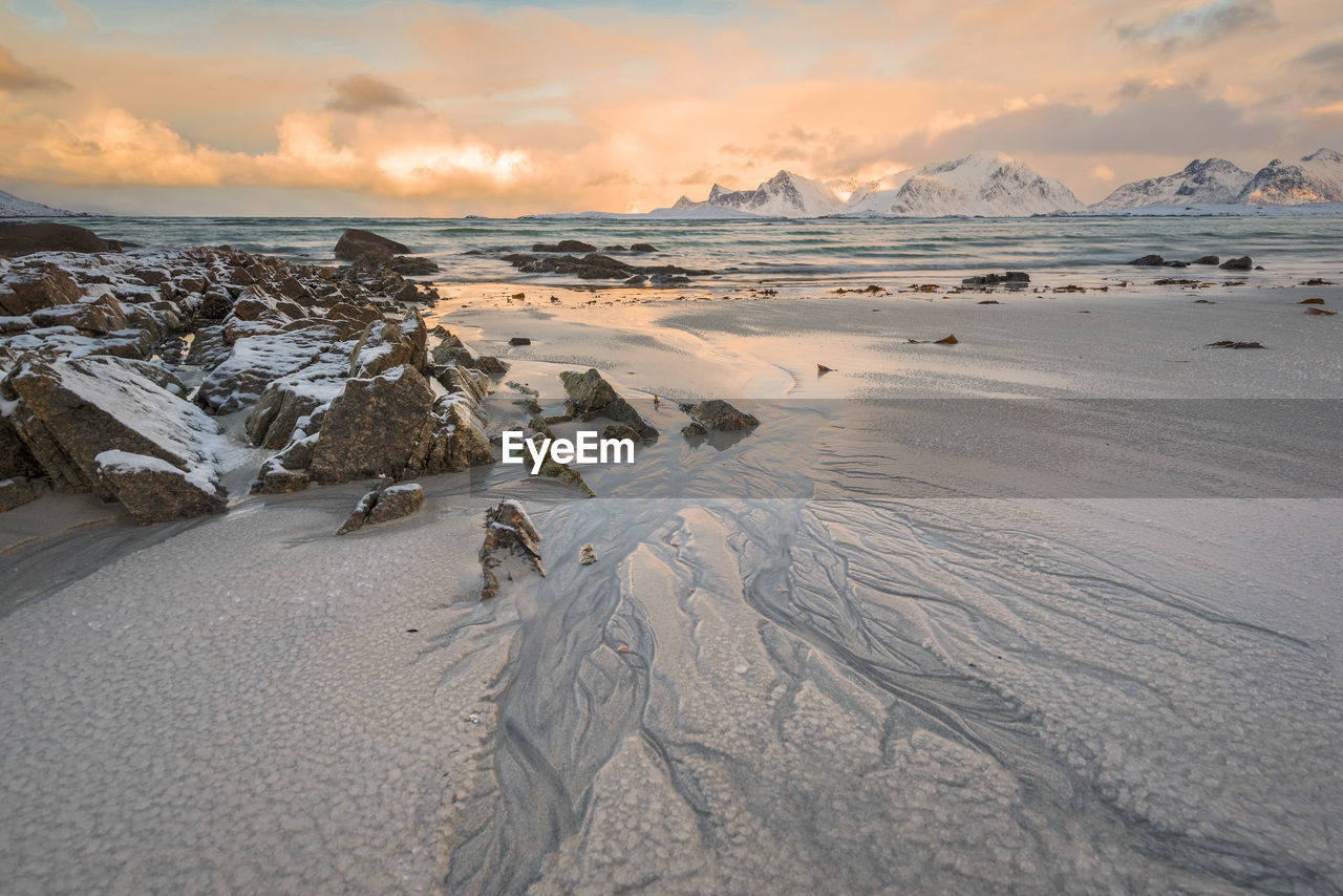 Panoramic view of beach against sky during sunset