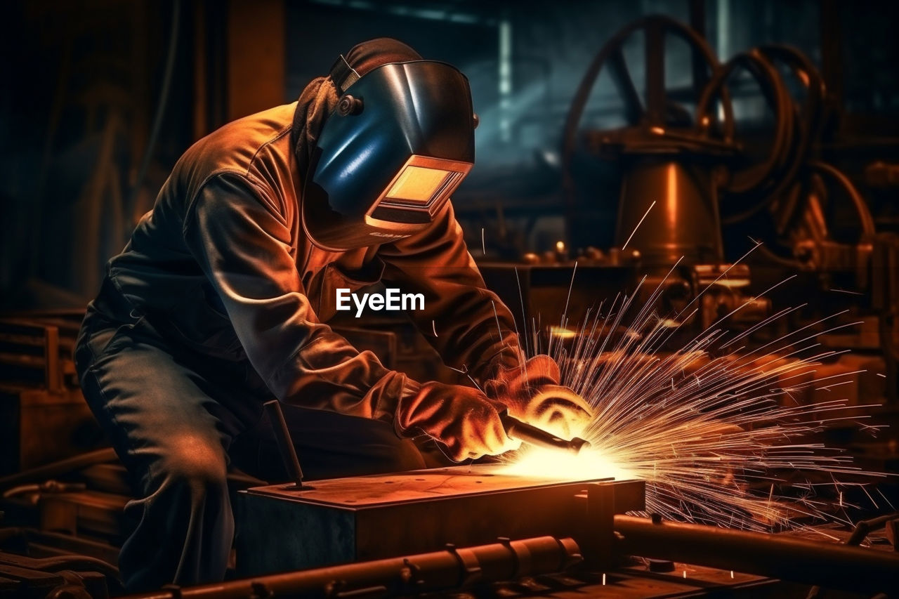 rear view of man standing in factory at night