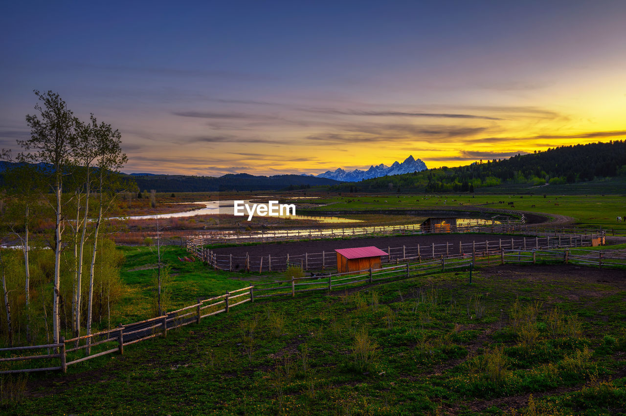 high angle view of landscape against sky during sunset