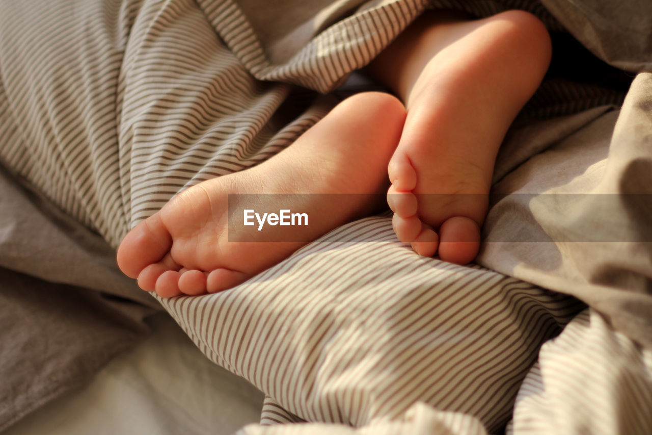 Children's legs stick out from under the warm blanket. concept of care, proper sleep, home comfort