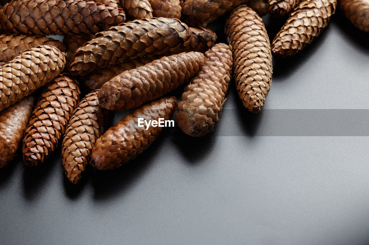 Pile of fir cones on black plastic background