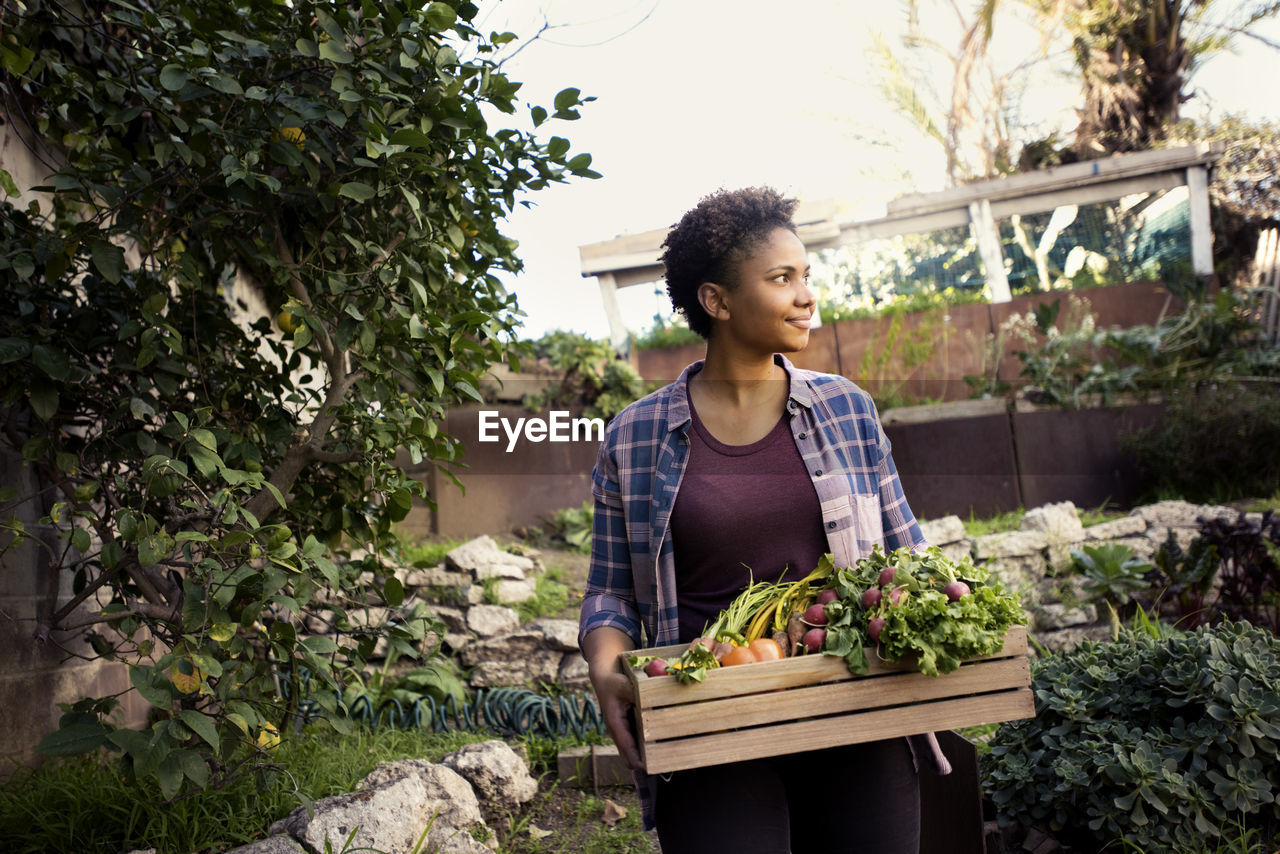 Thoughtful woman carrying crate full of freshly harvested vegetables at organic farm