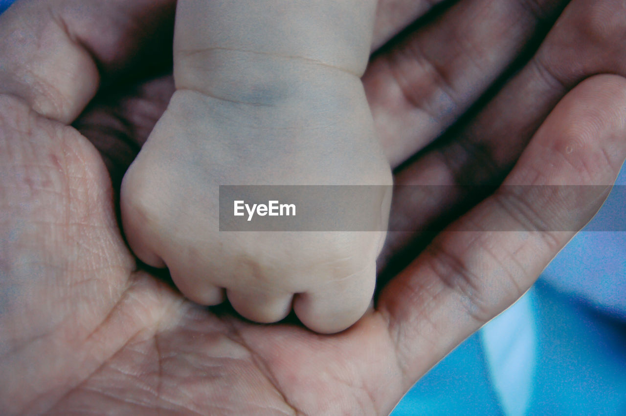 Cropped image of parent holding baby hand