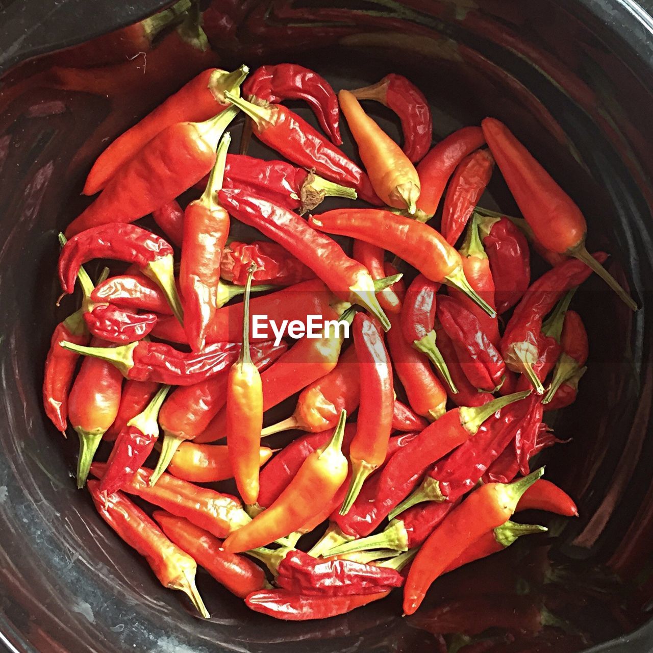 High angle view of red chili peppers