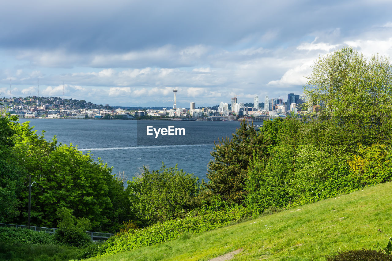 A view of a grassy hill an the seattle skyline from west seattle, washington.