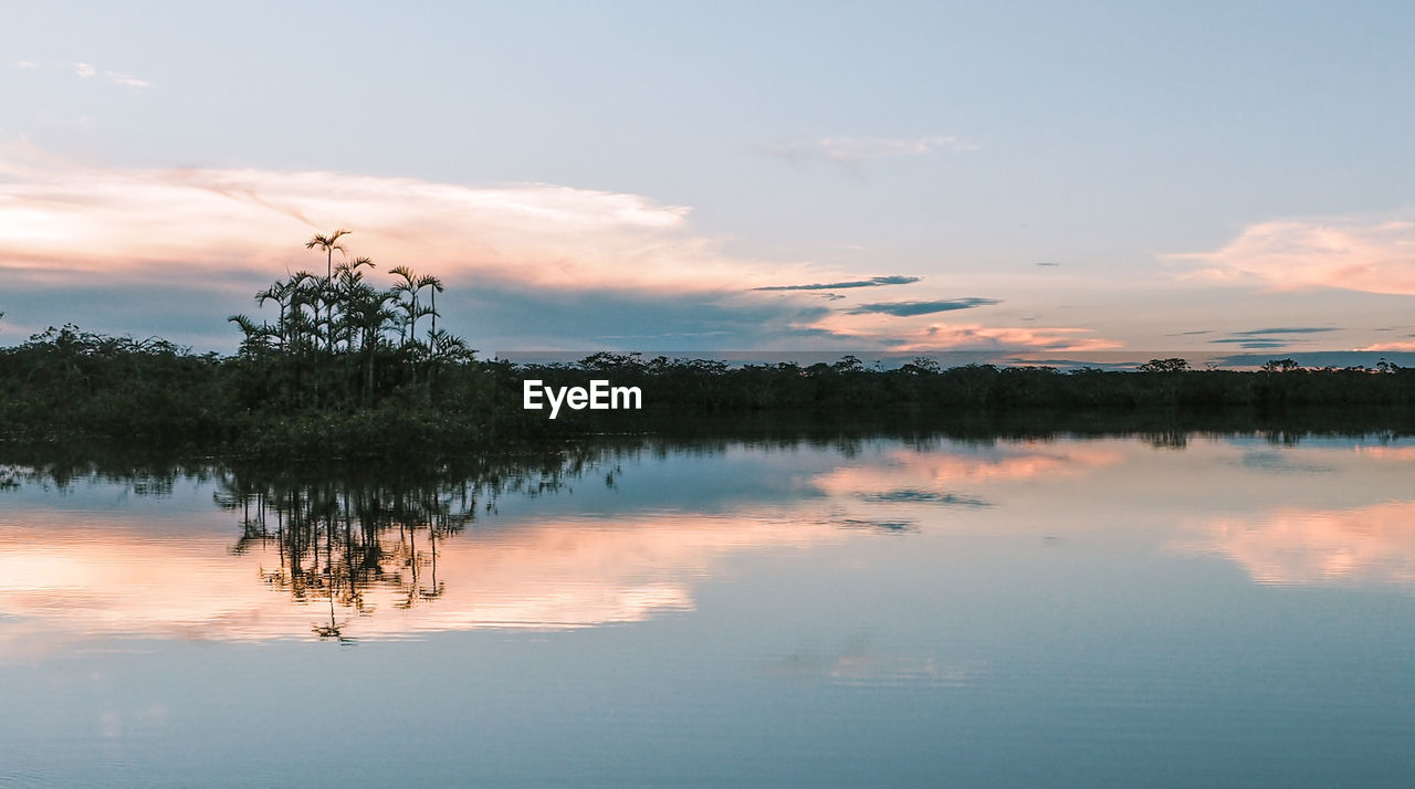 REFLECTION OF TREES IN LAKE AGAINST SKY DURING SUNSET