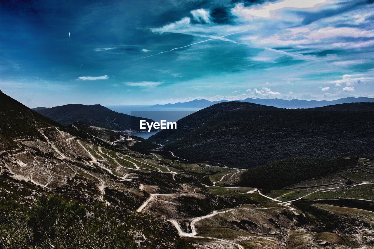 Aerial view of mountain range against sky