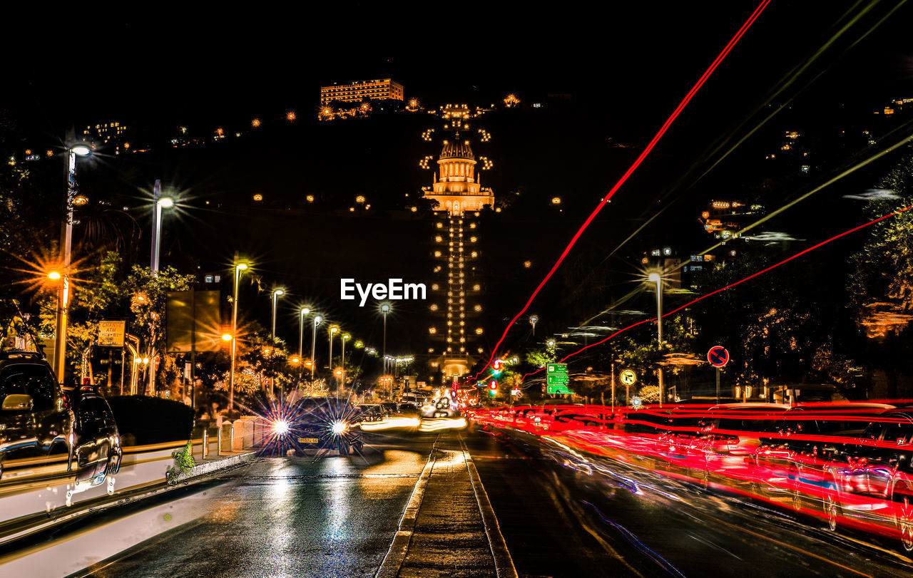 Light trails on road at night