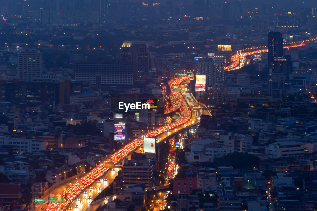 high angle view of illuminated cityscape