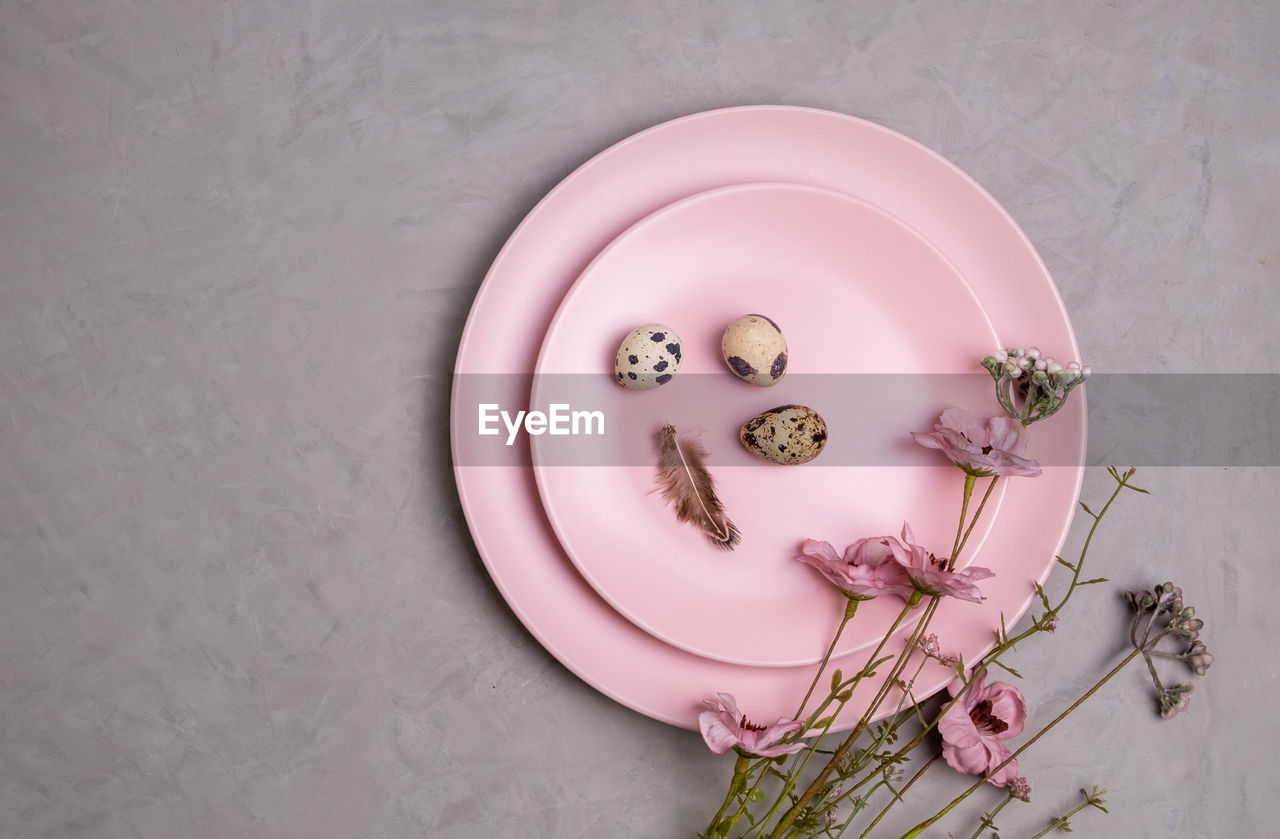 Close-up of serving of two pink plates with quail eggs, a feather and a branch of a wildflower.